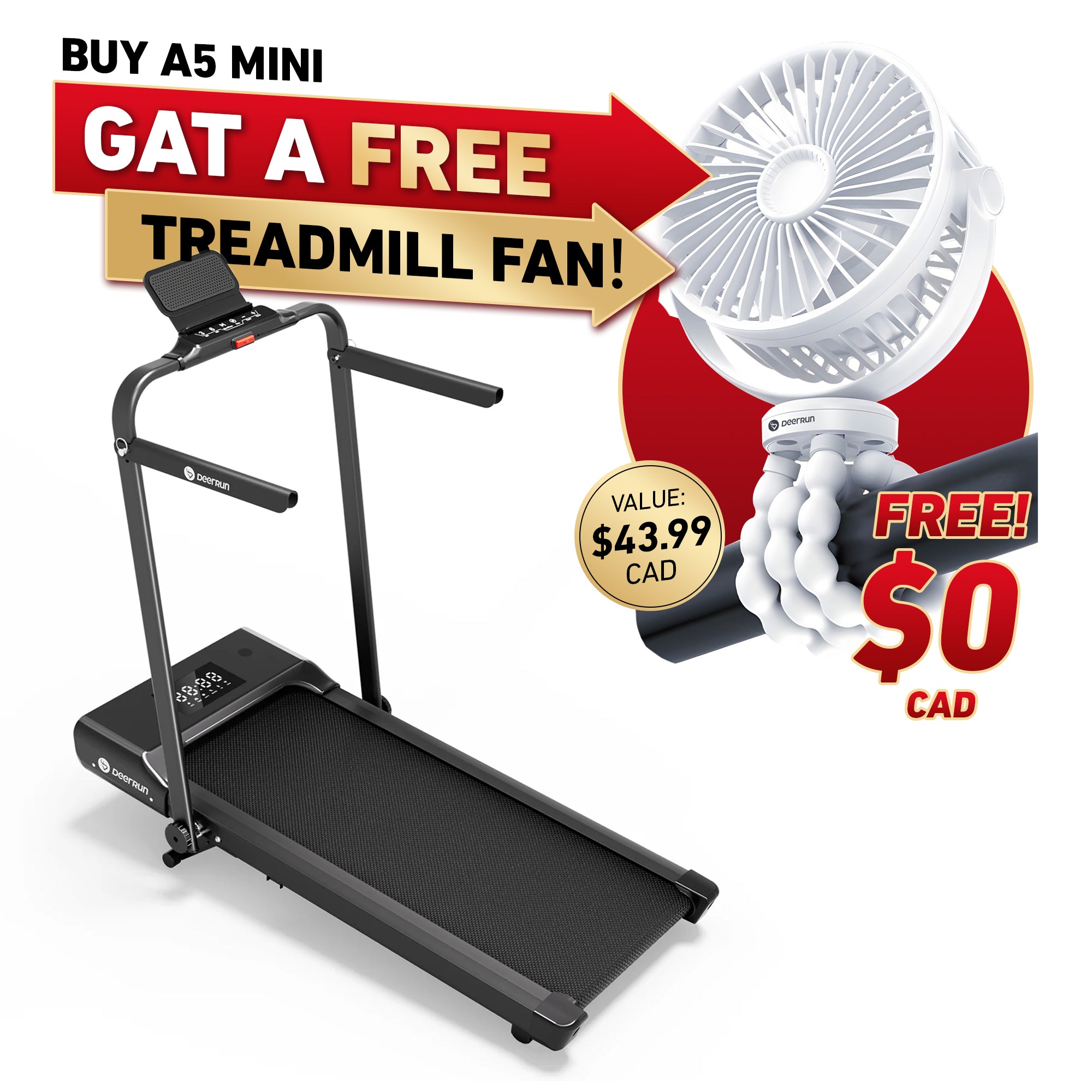 DeerRun A5 Mini 5.4% Incline Smart 2 in 1 Folding Treadmill with Handrail, 300 lbs, 0.6-7.5 mph