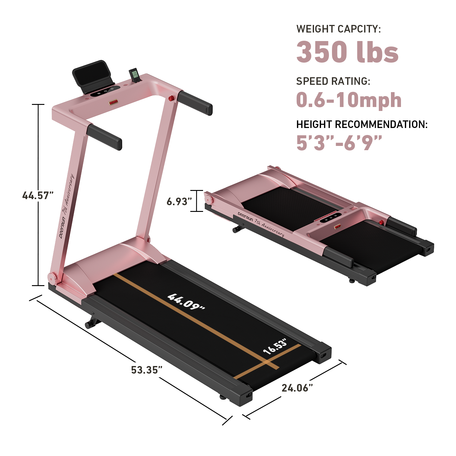 DeerRun A1 Pro Anniversary Edition Folding Smart Treadmill with 6% Manual Incline Support Bluetooth & Remote Wireless Control-Elegant Pink