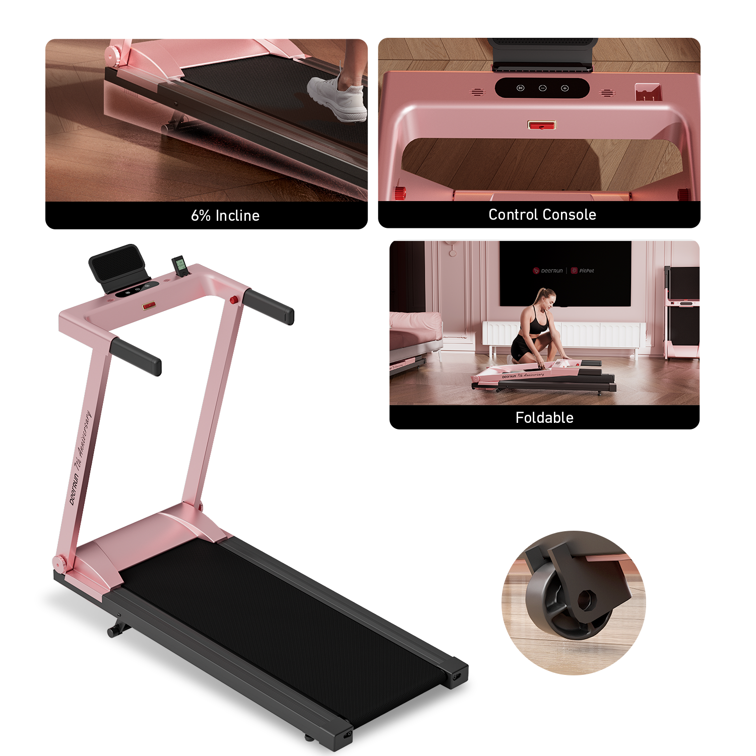 DeerRun A1 Pro Anniversary Edition Folding Smart Treadmill with 6% Manual Incline Support Bluetooth & Remote Wireless Control-Elegant Pink