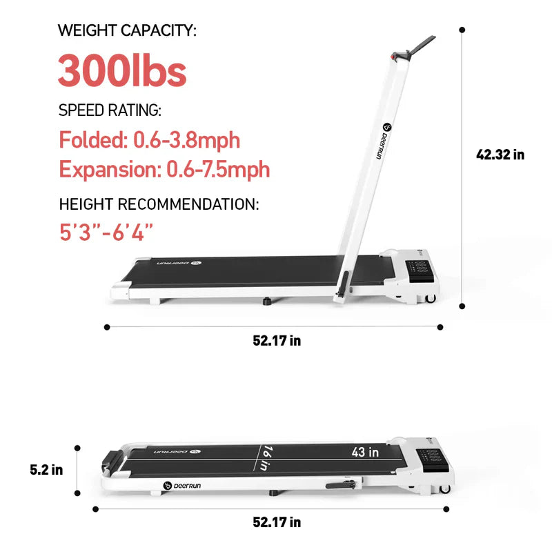 DeerRun A5 Pro Smart 2 in 1 Folding Treadmill White with Handrail, 300 Lbs