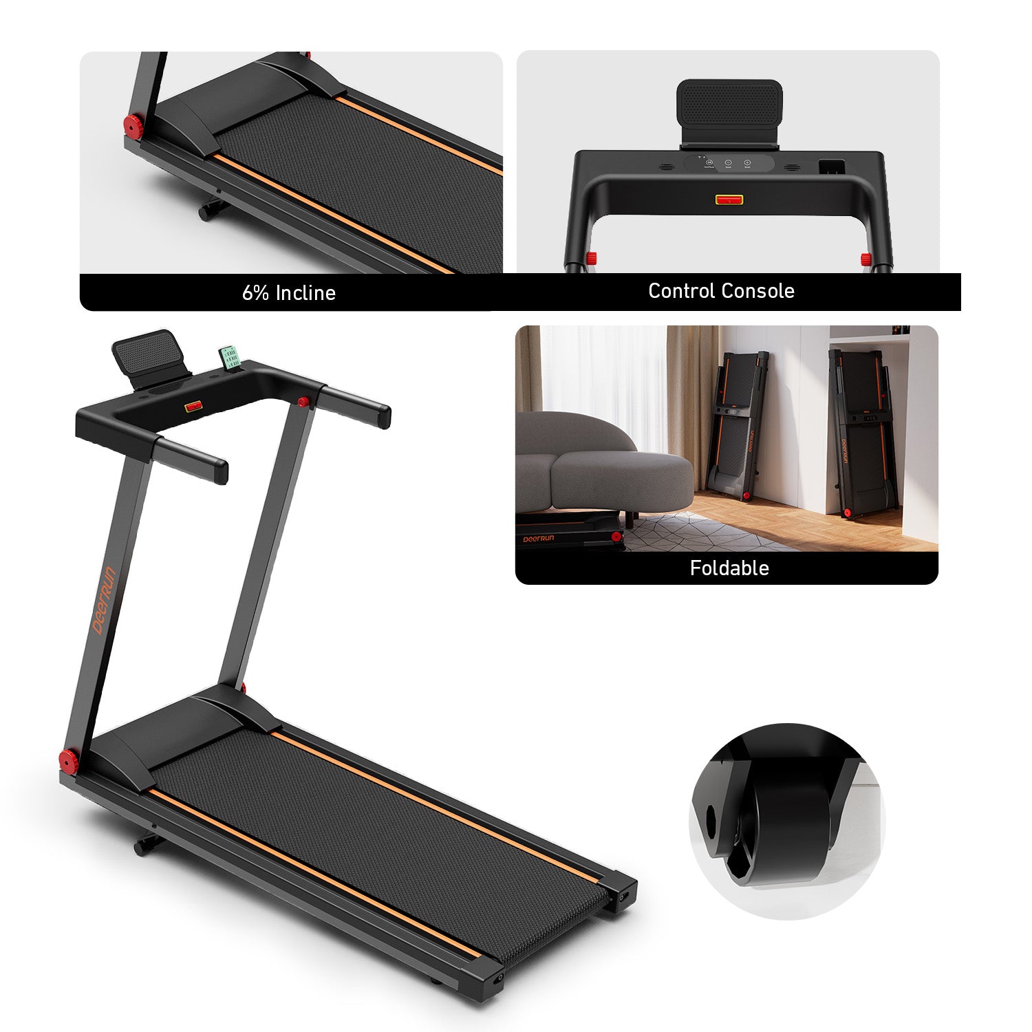 Tapis de course intelligent pliable DeerRun A1 Pro Elite avec prise en charge de l'inclinaison manuelle à 6 % Bluetooth et commande à distance sans fil