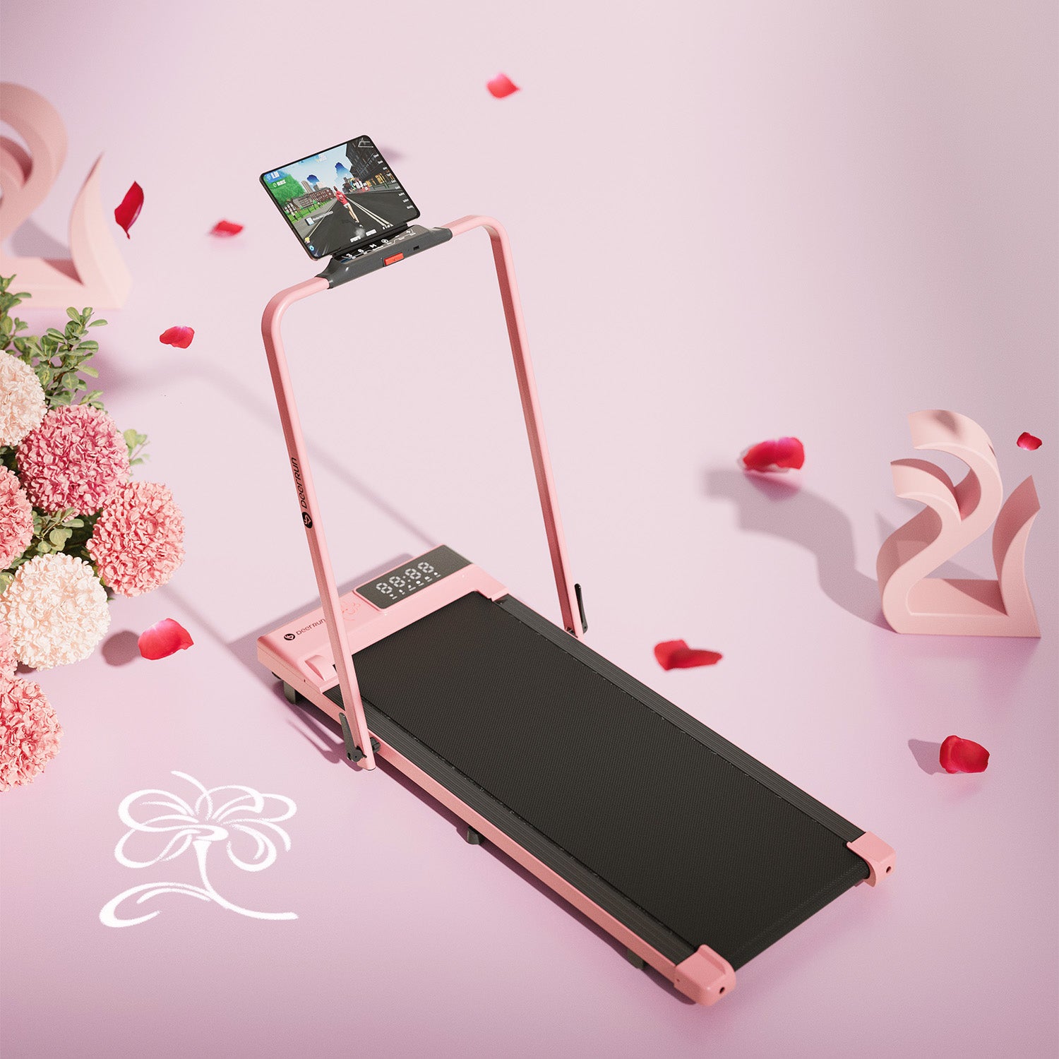 Tapis de course pliable intelligent 2 en 1 DeerRun Bloom Edition : lignes épurées, motifs floraux subtils : le fitness moderne rencontre l'art