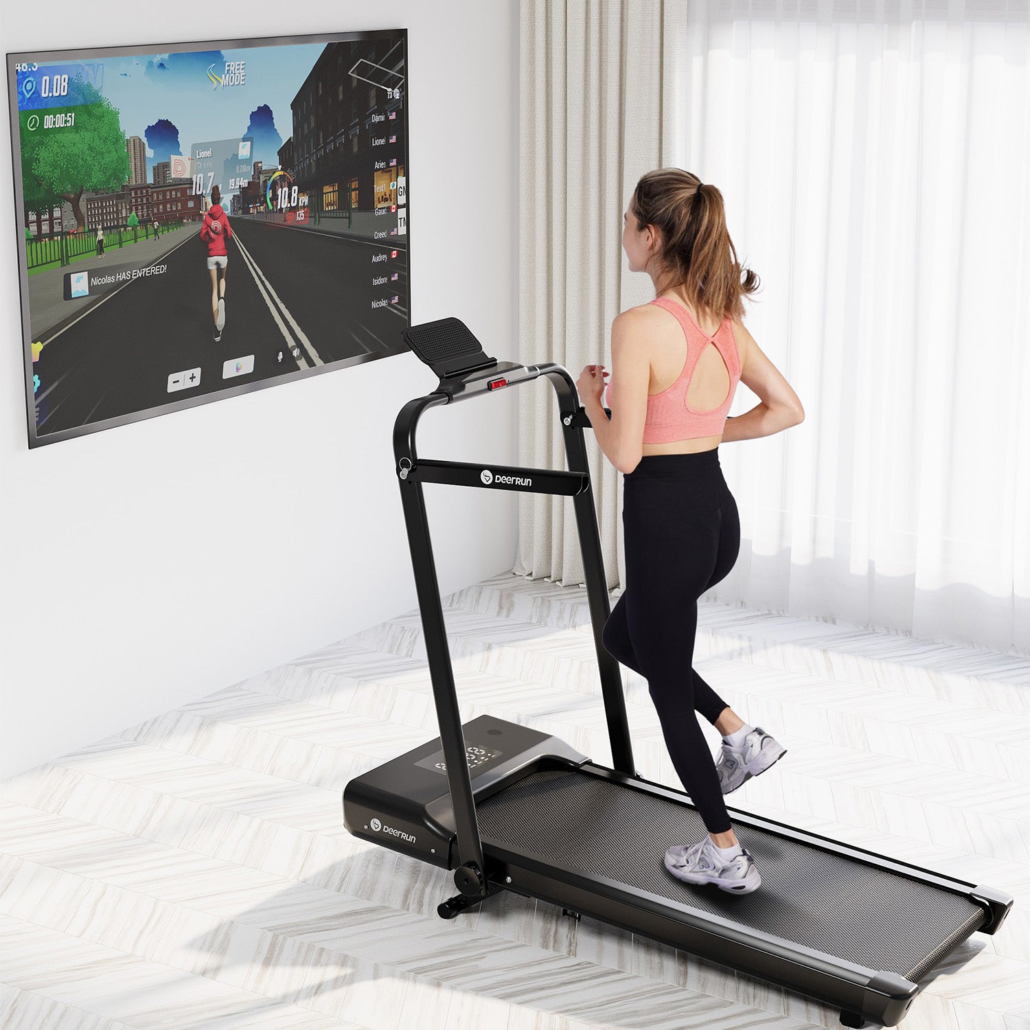 DeerRun A5 Mini 5.4% Incline Smart 2 in 1 Folding Treadmill with Handrail, 300 lbs, 0.6-7.5 mph