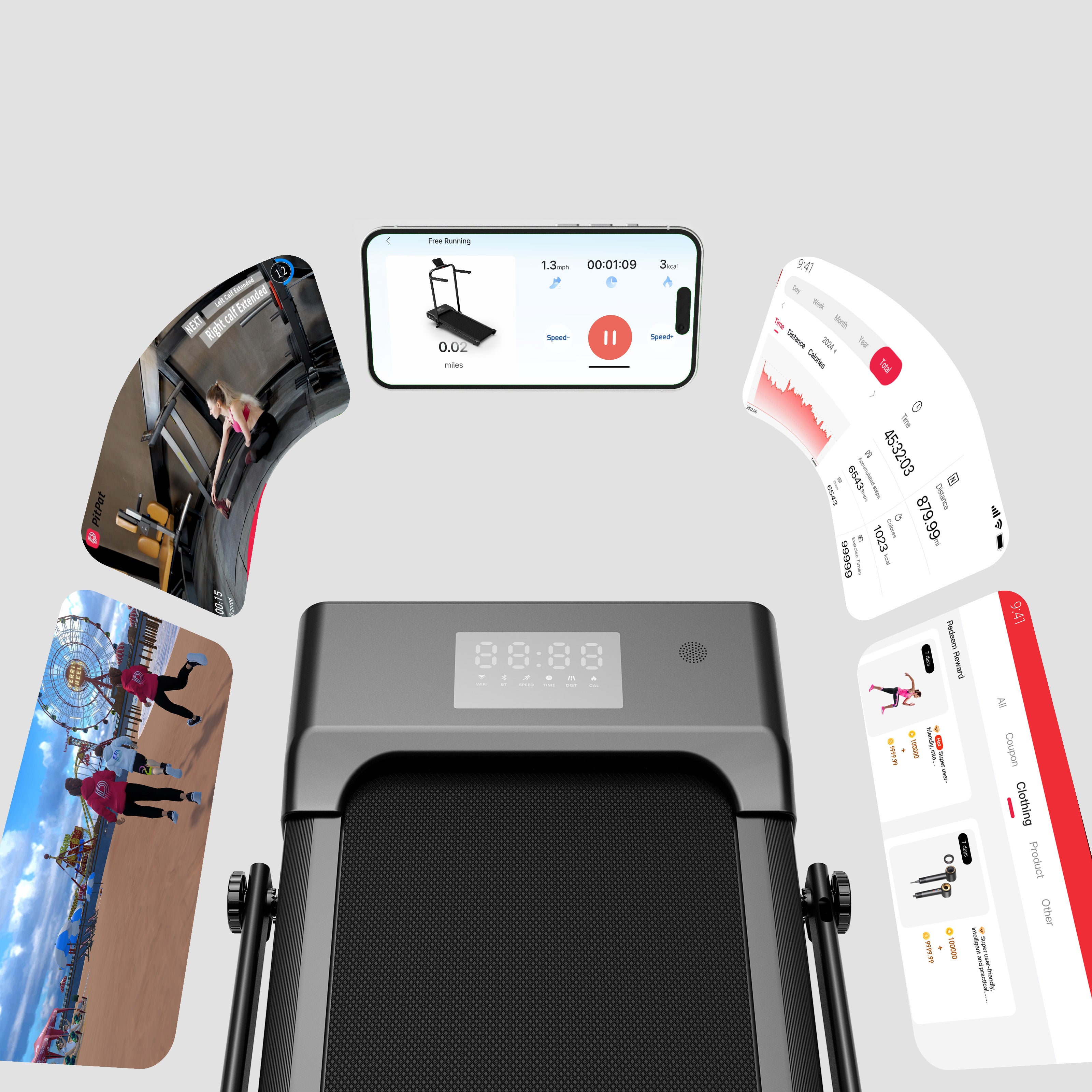 DeerRun A5 Mini 5.4% 坡度智能二合一折叠跑步机，带扶手，承重 300 磅，速度 0.6-7.5 英里/小时